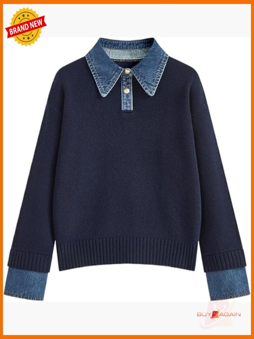 Oversized Denim Collar Pullover Sweater Long Sleeve Knit Loose Fit